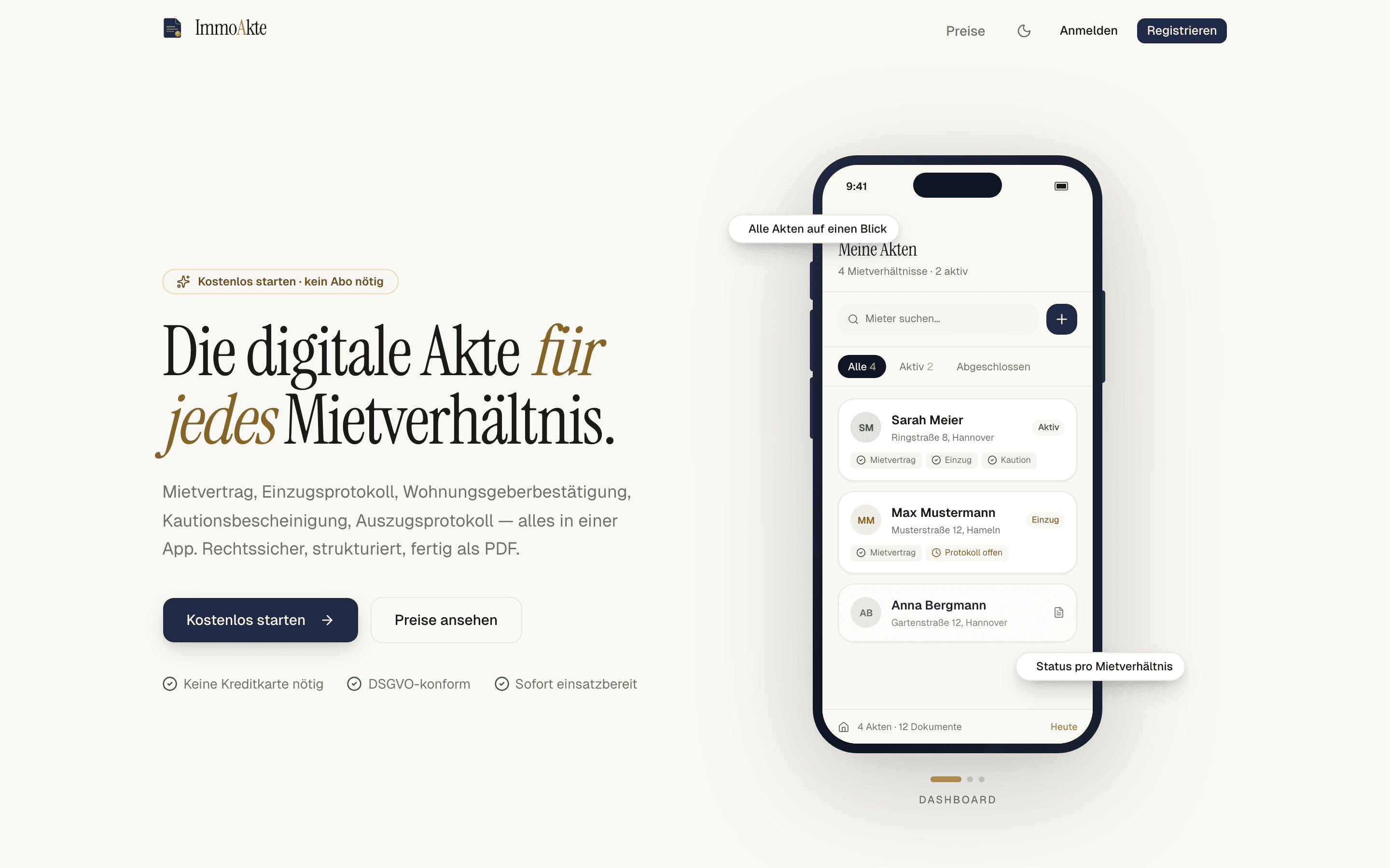 Landing Page von immoakte — „Die digitale Akte für jedes Mietverhältnis“ mit Phone-Mockup